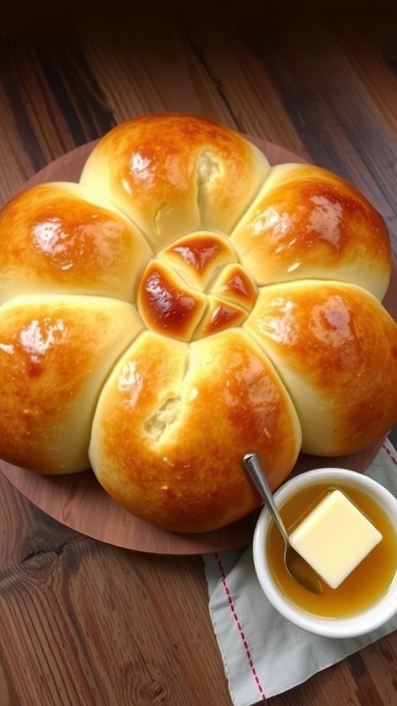 Baked No Hana flower bread on a wooden table, served with honey and butter.